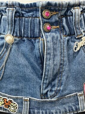 Denim Statement Belt with Pearl and Chain Accents - Blue